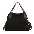 Bolso tote de lona negra grande con asas marrones y correa de hombro ajustable extraíble - Negro