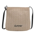 Stroh-Tragetasche mit schwarzen Lederriemen und Summer-Stickerei auf beigem Naturgewebe - Beige und Schwarz