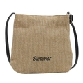 Beige straw tote bag with black Summer lettering and slim shoulder straps - Khaki and Black