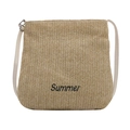Large natural straw woven tote bag with black Summer embroidery and white strap - Khaki and White