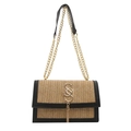Sac à rabat en paille tressée avec bordure en cuir noir et bandoulière en chaîne - Noir