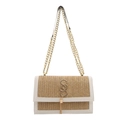 Sac carré en paille tressée beige avec bordure en cuir blanc et chaîne à logo doré S - Blanc