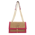 Sac bandoulière en paille tressée avec bordure en cuir rose et bandoulière chaîne dorée - Rose rosé