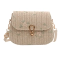 Chic beige straw saddle bag with floral embroidery and gold horseshoe metal clasp - Off White