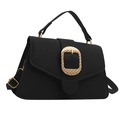 Classic black leather handbag with textured lychee grain and a square gold metal buckle - Black