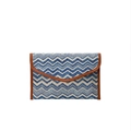 Ethnic style clutch with blue and white chevron pattern and brown leather trim - Wave Blue