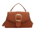 Classic caramel brown pebbled leather crossbody bag with elegant gold square buckle - Brown
