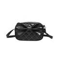 Bolso de hombro negro con lazo, costuras de rombos blancos y cremallera de metal dorado - Negro