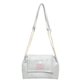 Silver shoulder bag with pink butterfly embroidery and metallic chain strap detail - Gray