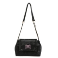 Black suede shoulder bag with pink butterfly embroidery and gold chain strap - Black