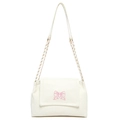 White shoulder bag with pink butterfly embroidery and metal chain strap for women - White