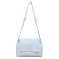 Light blue shoulder bag with pink butterfly embroidery and gold chain strap detail - Blue