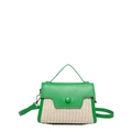 Mini borsa a tracolla in pelle verde e paglia beige con manico e tracolla regolabile - Verde