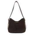 Vintage donkerbruine emmertas van kunstleer met fashion-label en smalle schouderband - Bruin
