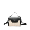 Borsa beige intrecciata con patta in pelle nera e tracolla regolabile chic - Nero