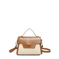 Brown leather and beige woven patchwork crossbody bag with round buckle detail - Brown