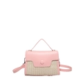 Pink faux leather and woven straw crossbody bag with magnetic buckle and shoulder strap - Pink
