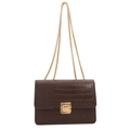 Bolso cuadrado vintage marrón oscuro efecto cocodrilo con cadena y hebilla dorada - Marrón