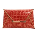 Cartera de mano roja tipo sobre con estampado de cocodrilo y detalles en metal dorado - Rojo