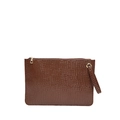 Dark brown crocodile embossed envelope clutch bag with gold zipper and wrist strap - Brown