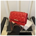 Detailed view of red quilted chain crossbody bag featuring gold metal buckle and leather strap - Red