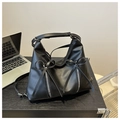 Bolso tote negro pliszado de moda con cremalleras metálicas y cinta de cuero - Negro