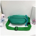 Detail view of green canvas kids fanny pack with blue woven rope zipper and buckle strap - Green