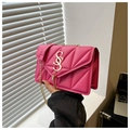 Detail of rose pink quilted crossbody bag with golden chain and metallic SS logo - Rose Pink