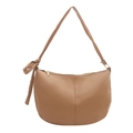 Brown faux leather dumpling shoulder bag with bow strap detail and gold zipper - Khaki