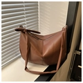 Dark brown leather hobo shoulder bag with stylish side bow knot and large capacity - Brown