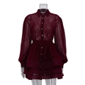 Französisches weinrotes Chiffonkleid mit Polka Dots, Langarm und gestuftem Volantsaum - S / Rot