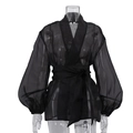 Elegant black sheer french blouse with V-neck wrap tie and stylish puff sleeves for women - S / Black