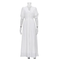 Elegant white V-neck dress with short puff sleeves and front button detail on long slit skirt - S / White