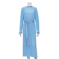 Vestido largo plisado azul claro de manga larga con cinturón y bordes con volantes - S / Azul Cielo
