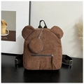 Detail view of a brown corduroy backpack with cute bear ears and matching coin purse charm - Brown