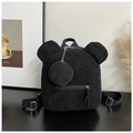 Fashionable black corduroy mini backpack for women featuring cute bear ears and round coin purse - Black