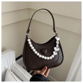 Dark brown half-moon underarm bag with pearl strap and silver heart chain detail - Brown