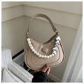 Beige faux leather heart handbag with pearl and silver mirror heart chain detail - Khaki