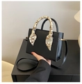 Minimalist black matte square handbag with decorative silk scarf handle and shoulder strap - Black
