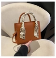 Classic caramel brown rectangular PU leather crossbody bag with decorative silk scarf handle - Brown