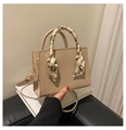 Minimalist square crossbody bag in nude beige with silk scarf handle and strap - Khaki