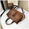 Grande borsa tote vintage marrone scuro in pelle PU opaca con due tasche frontali - Cachi Scuro