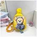 Detail of yellow kids fanny pack with cartoon bear print and blue drawstring accents - Yellow
