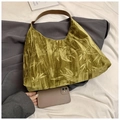 Borsa a spalla in velluto verde oliva con motivi di foglie di bambù e manici marroni - Verde
