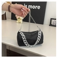 Detail showing shiny black rhinestones and chunky silver chain on a Boston bag - Black