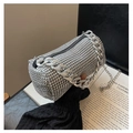 Detailed view of silver rhinestone cylinder evening bag with chunky metal chain handle - Silver