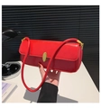 Minimalist bright red leather baguette shoulder bag with gold oval metal buckle - Red