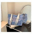 Large tote bag with blue ocean wave patterns and decorative pearl metal shoulder strap - Blue