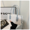 Detail view of white crocodile pattern shoulder bag with light blue top handles - White
