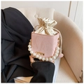 Pink pearl handle box bag with cream drawstring liner and golden chain strap - Pink